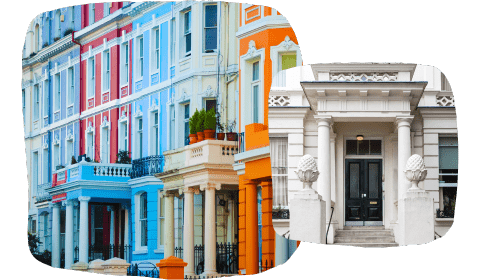 Two photos of the Notting Hill neighbourhood in London, showing colourful houses and the entrance of a white Victorian house